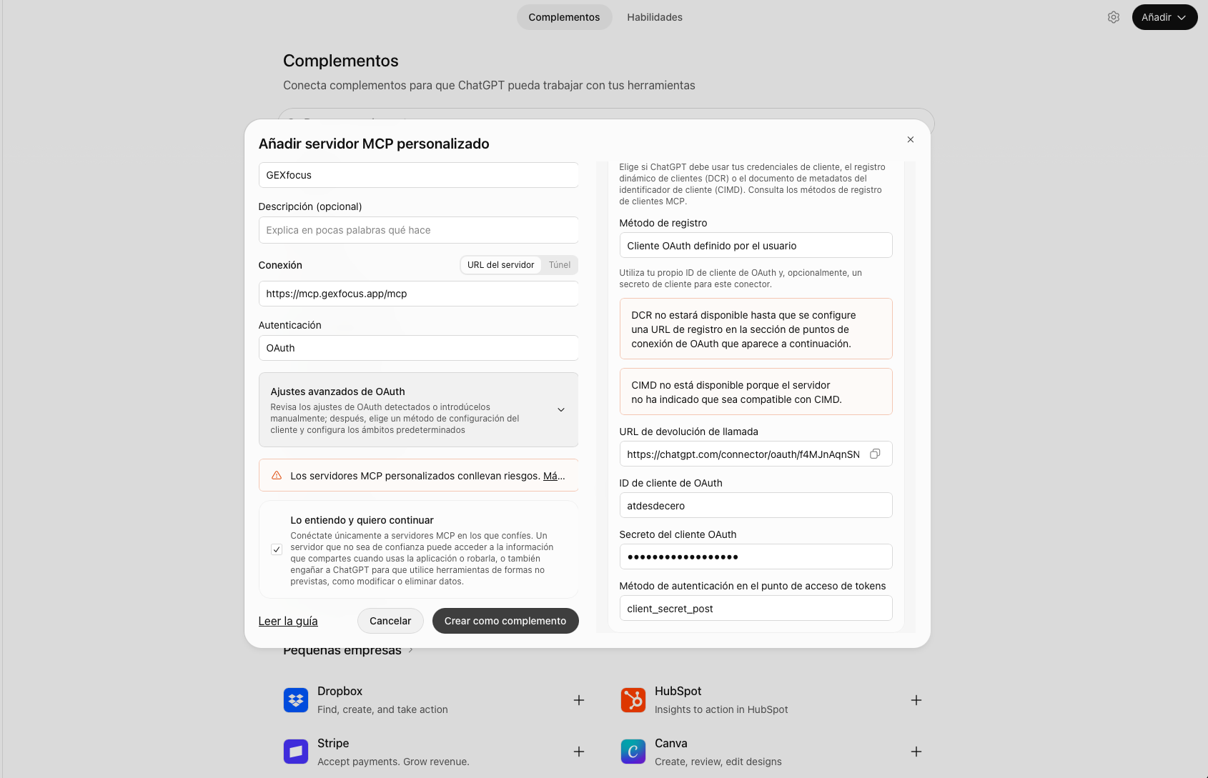 Step 2 — Configure the GEXfocus URL and open OAuth Advanced Settings in ChatGPT