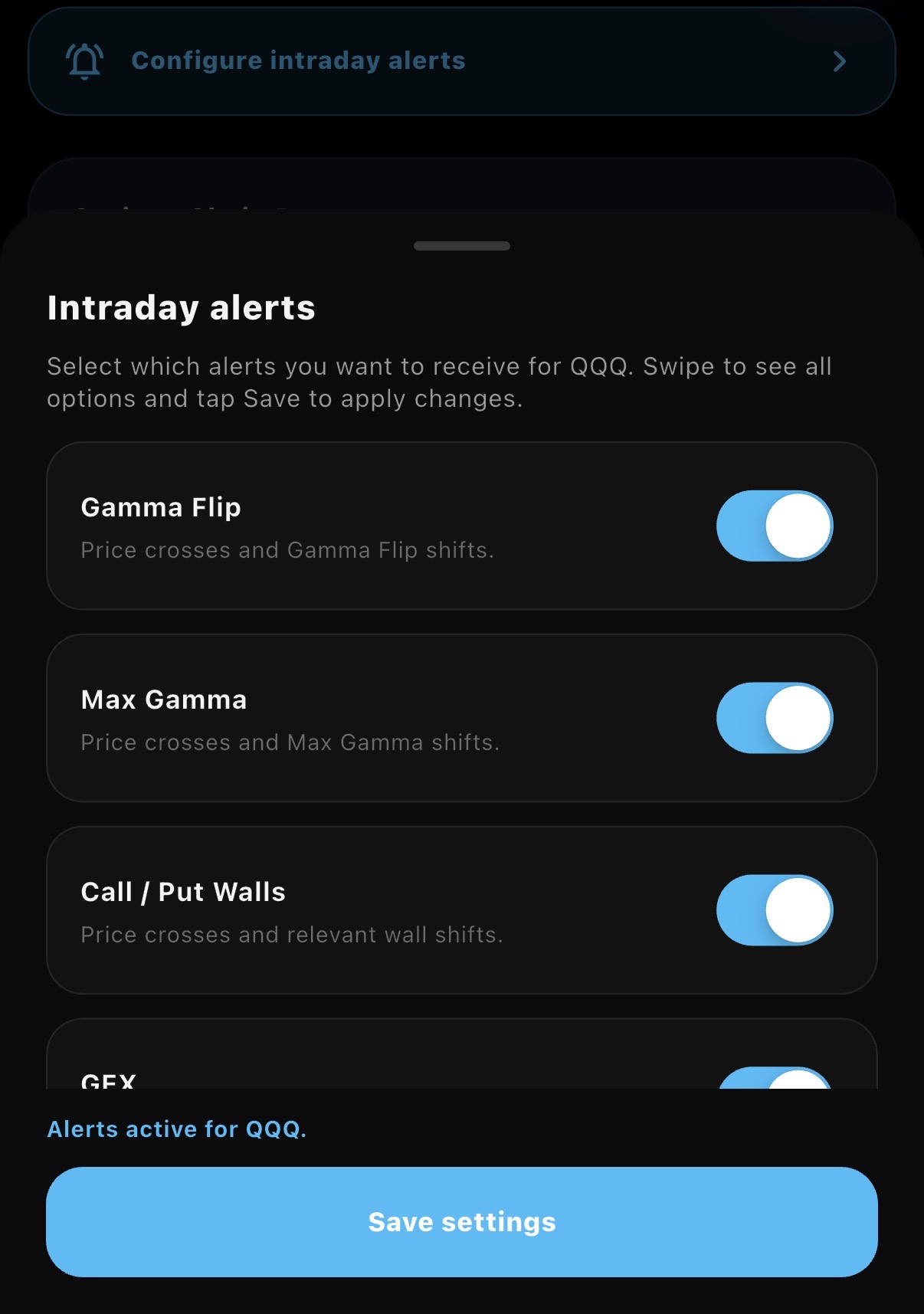 Intraday options alerts configuration