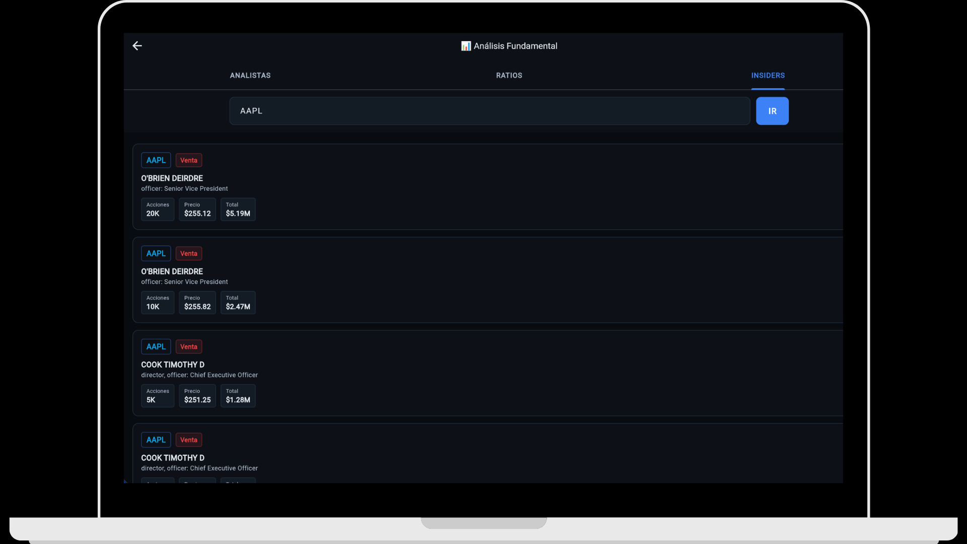 GEXfocus — Trades de insiders para AAPL: Cook Timothy, O'Brien Deirdre, acciones y montos