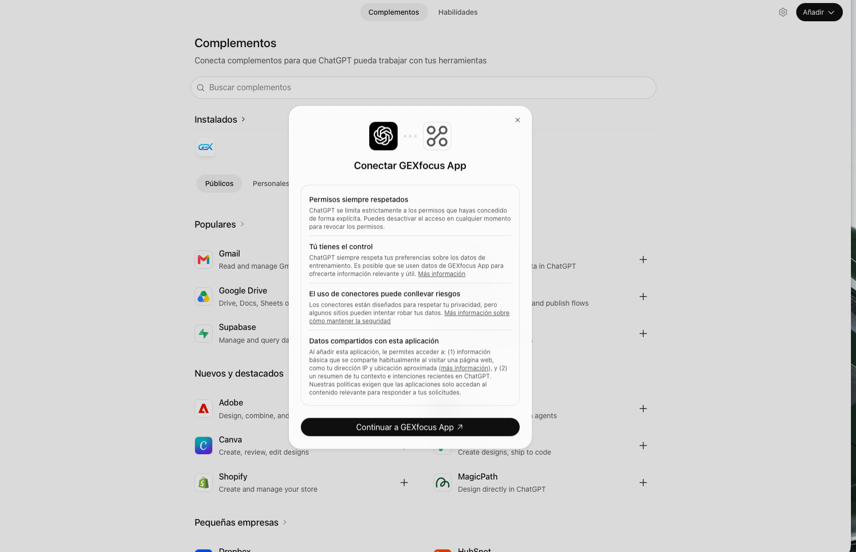 Paso 3 — Autorizar la conexión de GEXfocus en ChatGPT