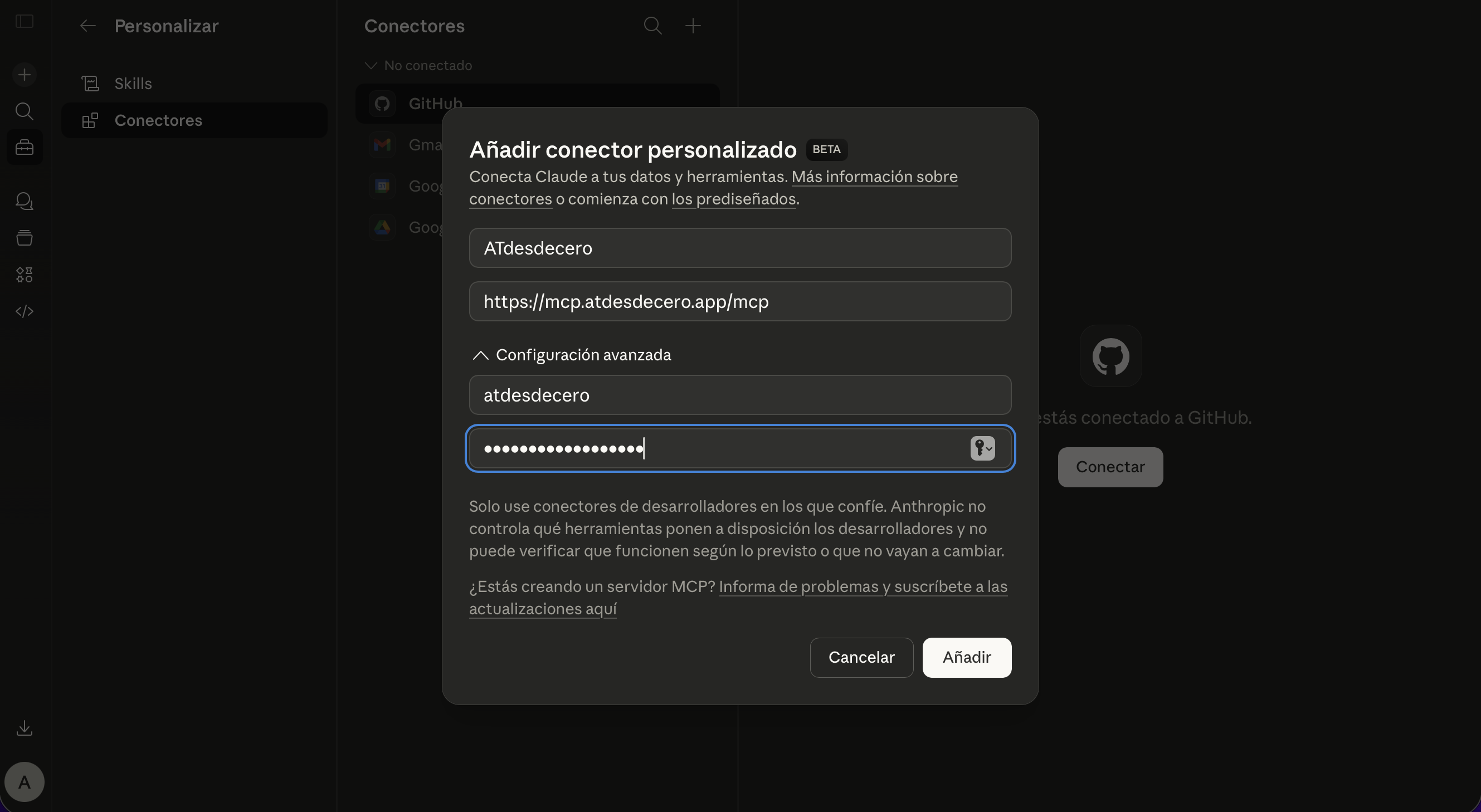 Step 2 — Enter GEXfocus MCP connector credentials in Claude