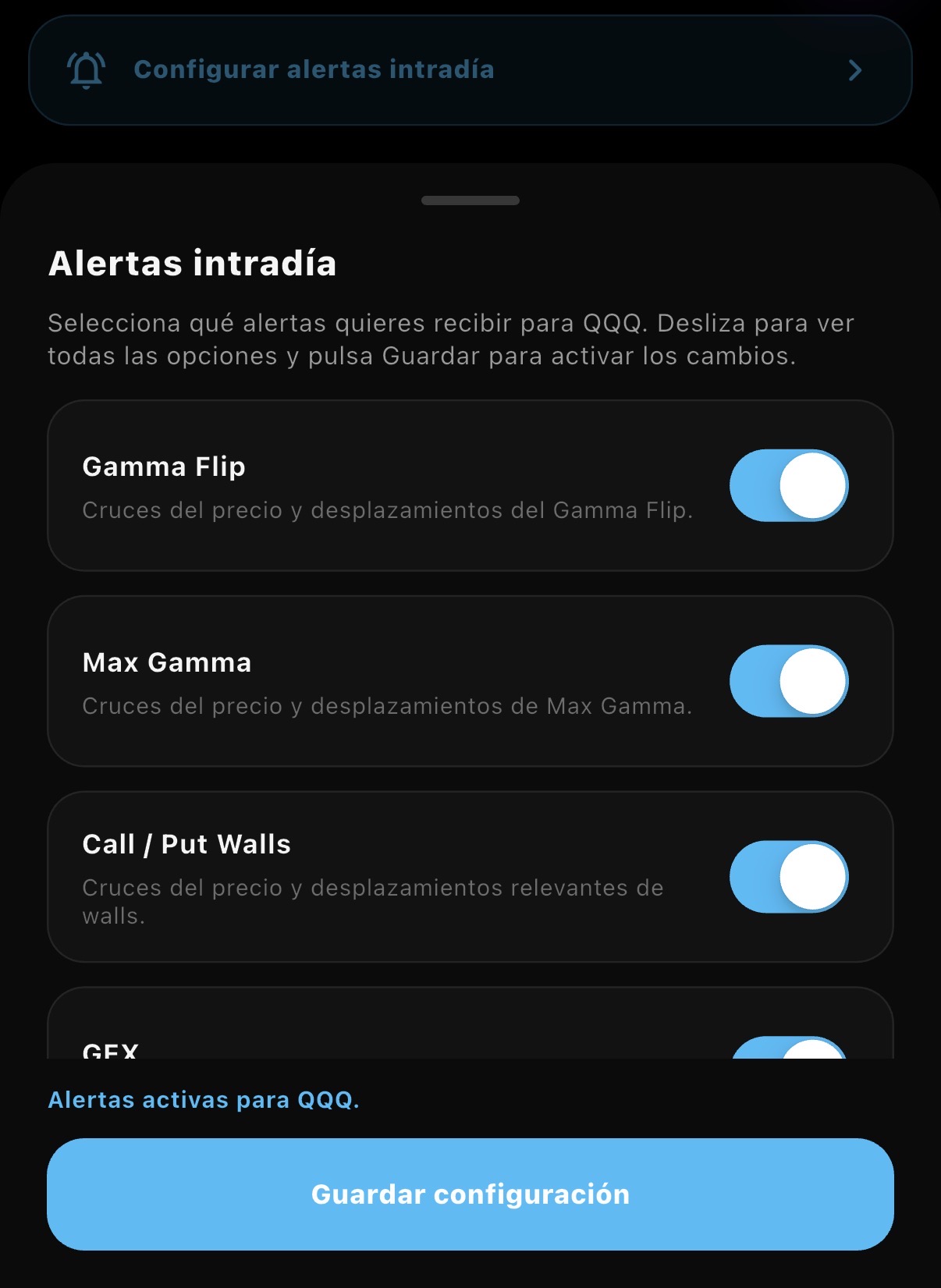 Configuración de alertas intradía de opciones